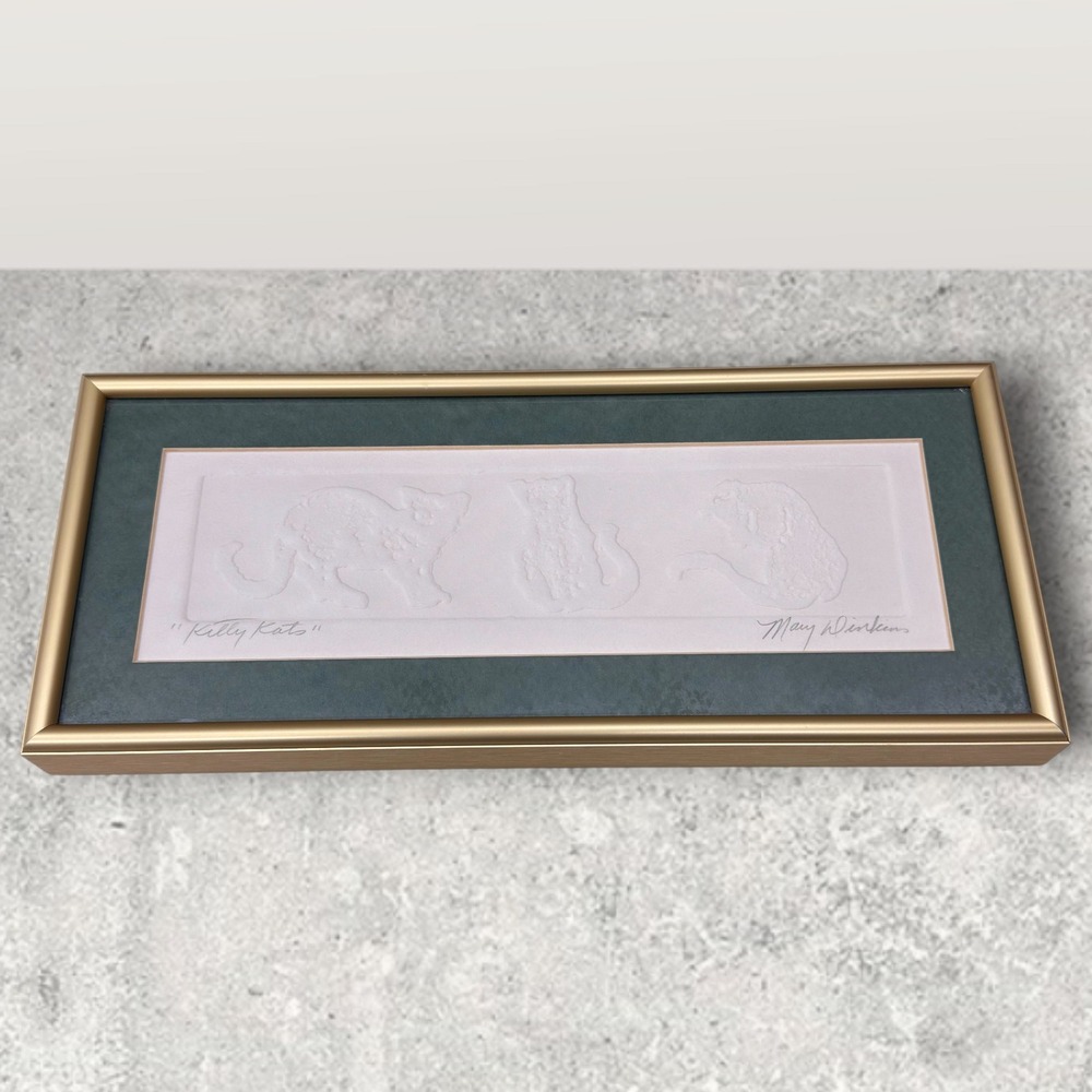 Mary Dinkins Kitty Kats Signed Cast Paper Art Framed Gold Green‎ Mat Relief 12x5